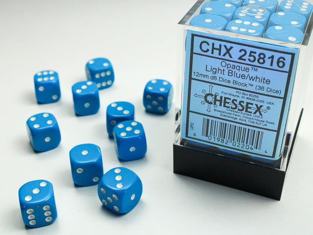 Chessex CHX25816 Opaque 12mm Light Blue/white D6 36-Dice display