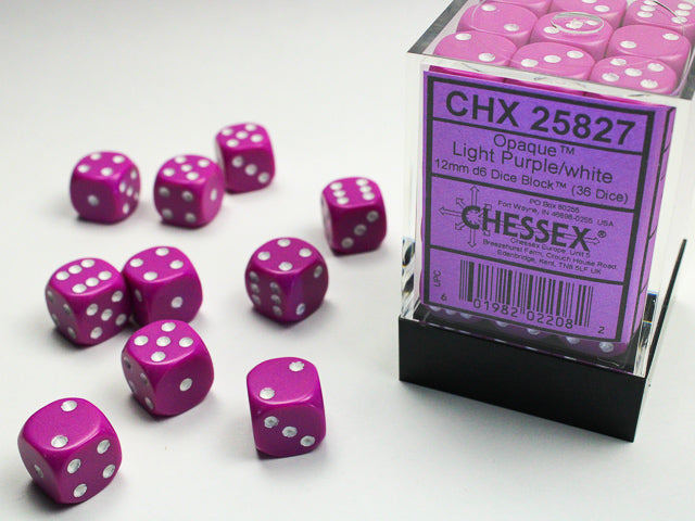 Chessex CHX25827 Opaque 12mm Light Purple/white D6 36-Dice display