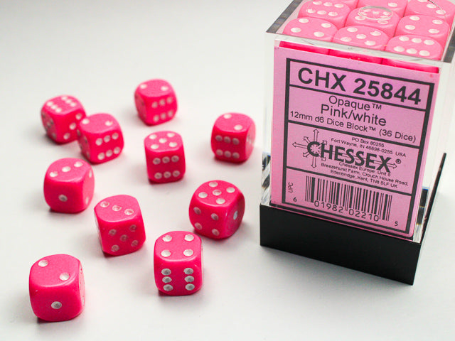 Chessex CHX25844 Opaque 12mm Pink/white D6 36-Dice display
