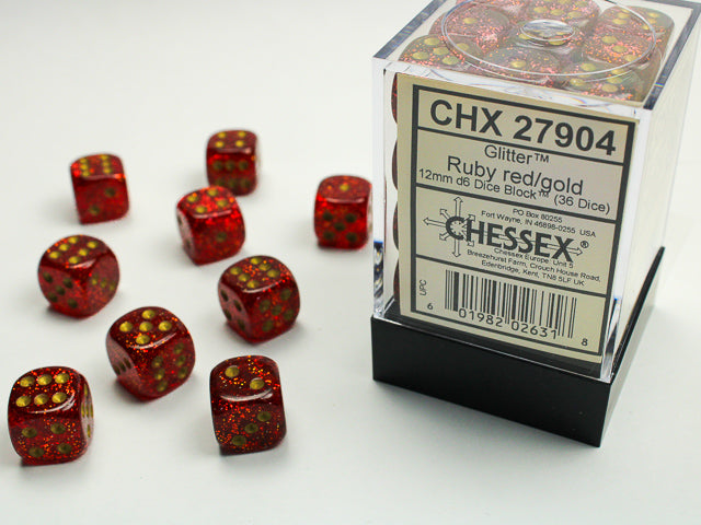 Chessex CHX27904 Glitter 12mm Ruby/gold D6 36-Dice display