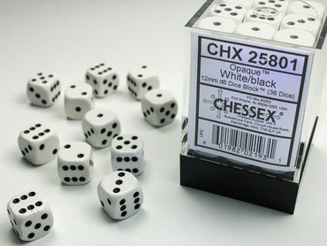 Chessex CHX25801 Opaque 12mm White/black D6 36-Dice display