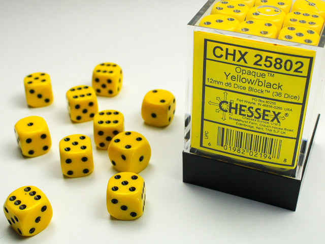 Chessex CHX25802 Opaque 12mm Yellow/black D6 36-Dice display