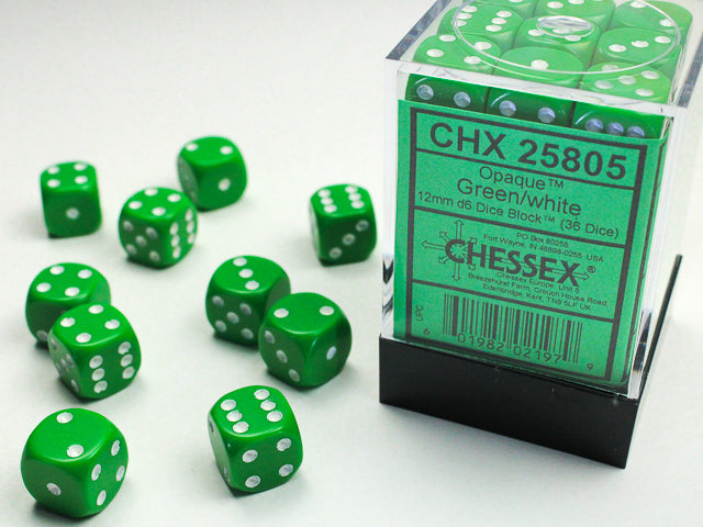 Chessex CHX25805 Opaque 12mm Green/white D6 36-Dice display