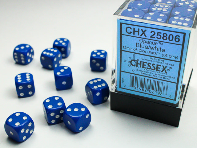 Chessex CHX25806 Opaque 12mm Blue/white D6 36-Dice display