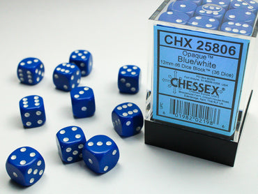 Chessex CHX25806 Opaque 12mm Blue/white D6 36-Dice display