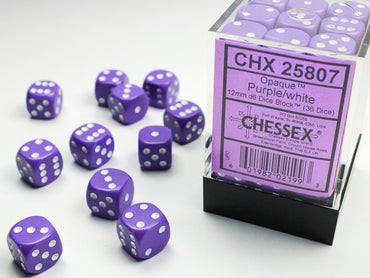 Chessex CHX25807 Opaque 12mm Purple/white D6 36-Dice display