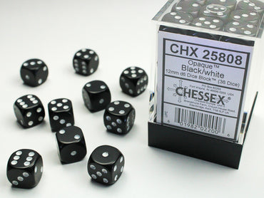 Chessex CHX25808 Opaque 12mm Black/white D6 36-Dice display