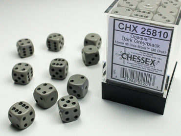 Chessex CHX25810 Opaque 12mm Dark Grey/black D6 36-Dice display