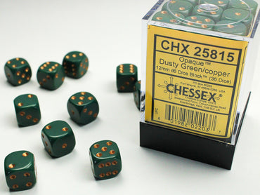Chessex CHX25815 Opaque 12mm Dusty Green/copper D6 36-Dice display