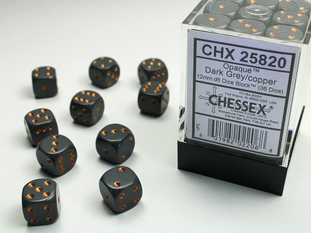 Chessex CHX25820 Opaque 12mm Dark Grey/copper D6 36-Dice display