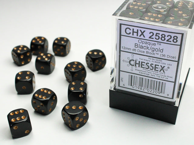Chessex CHX25828 Opaque 12mm Black/gold D6 36-Dice display