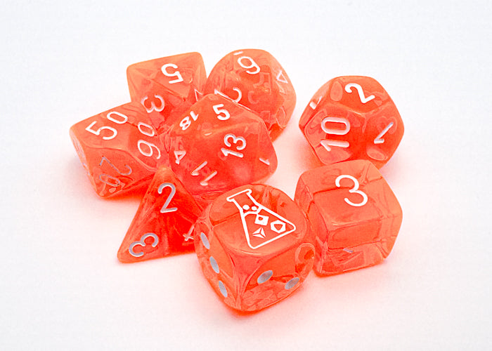 Chessex CHX30060 Translucent Neon Orange/white Polyhedral 7-Die Set (with bonus die) (black light reactive)