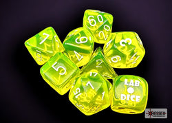 Chessex CHX30061 Translucent Neon Yellow/white Polyhedral 7-Die Set (with bonus die) (black light reactive)