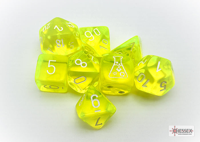 Chessex CHX30061 Translucent Neon Yellow/white Polyhedral 7-Die Set (with bonus die) (black light reactive)