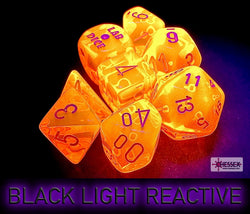 Chessex CHX30060 Translucent Neon Orange/white Polyhedral 7-Die Set (with bonus die) (black light reactive)
