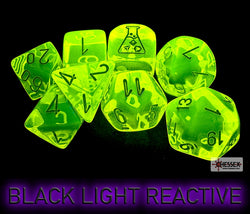 Chessex CHX30061 Translucent Neon Yellow/white Polyhedral 7-Die Set (with bonus die) (black light reactive)