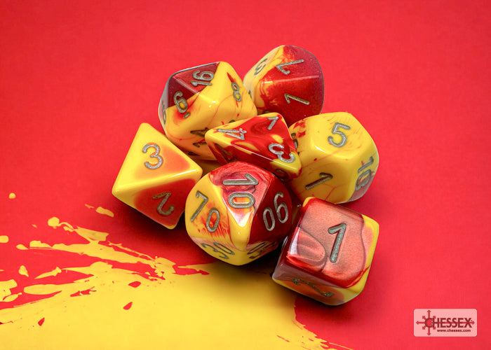 Chessex CHX26450 Gemini Red-yellow W/silver Polyhedral 7-Dice Set