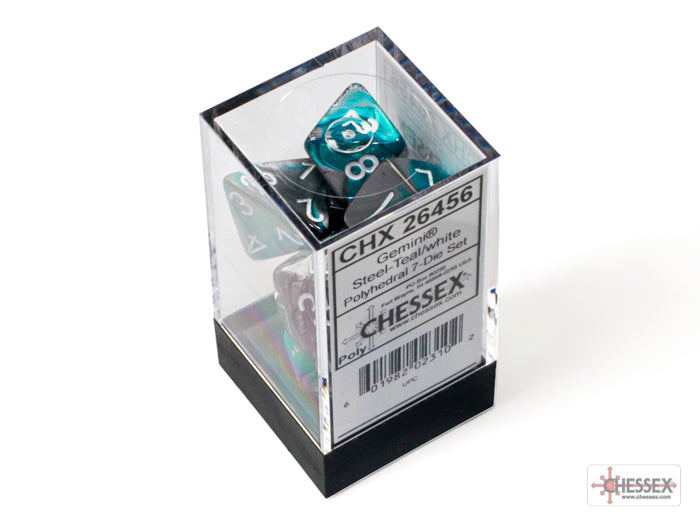 Chessex CHX26456 Gemini Steel-teal W/white Polyhedral 7-Dice Set