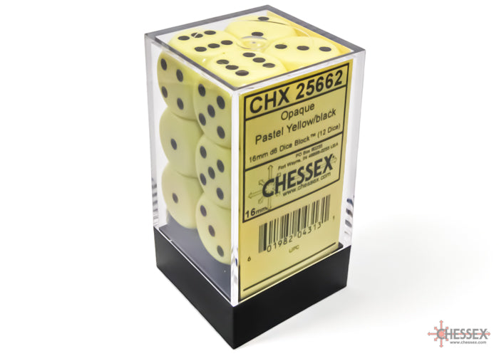 Chessex CHX25662 Opaque 16mm Pastel Yellow/black D6 12-Dice display