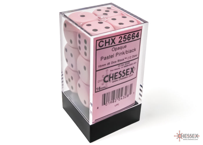 Chessex CHX25664 Opaque 16mm Pastel Pink/black D6 12-Dice display