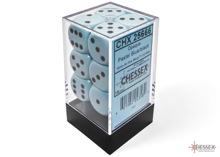 Chessex CHX25666 Opaque 16mm Pastel Blue/black D6 12-Dice display