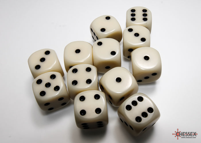 Chessex CHX25600 Opaque 16mm Ivory/black D6 12-Dice display