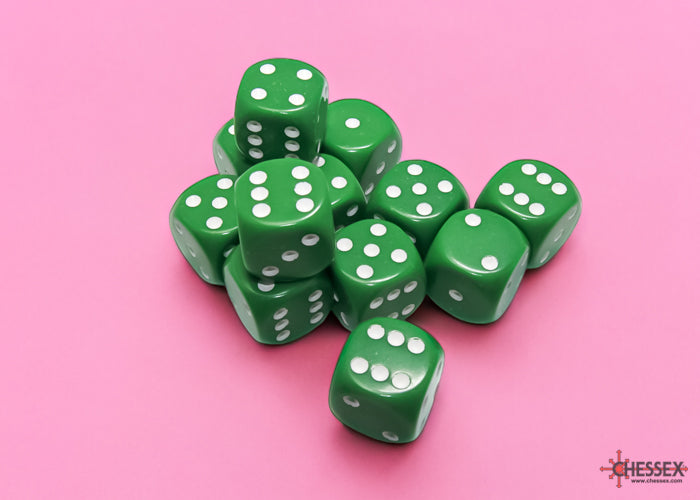 Chessex CHX25605 Opaque 16mm Green/white D6 12-Dice display