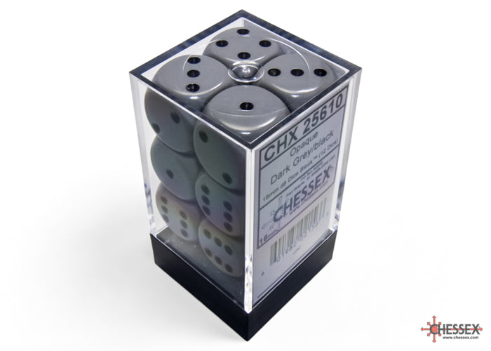 Chessex CHX25610 Opaque 16mm Grey/black D6 12-Dice display