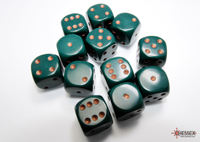 Chessex CHX25615 Opaque 16mm Dusty Green/copper D6 12-Dice display
