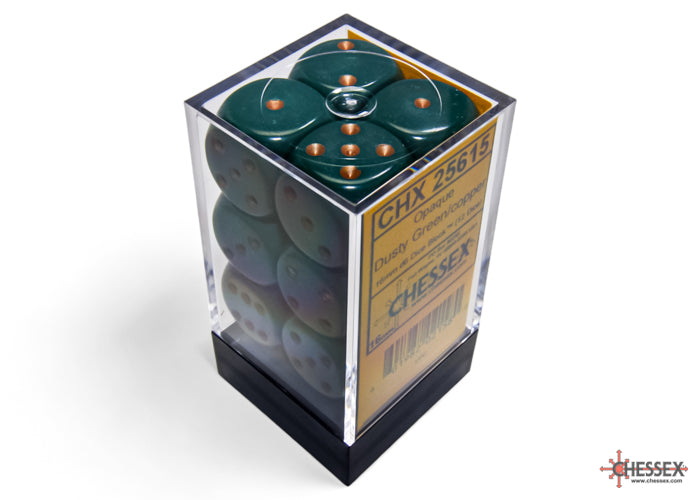 Chessex CHX25615 Opaque 16mm Dusty Green/copper D6 12-Dice display