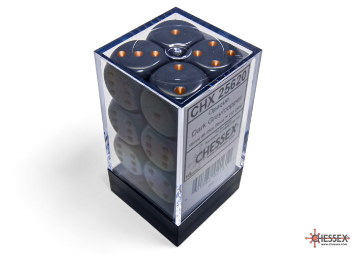 Chessex CHX25620 Opaque 16mm Dark Grey/copper D6 12-Dice display