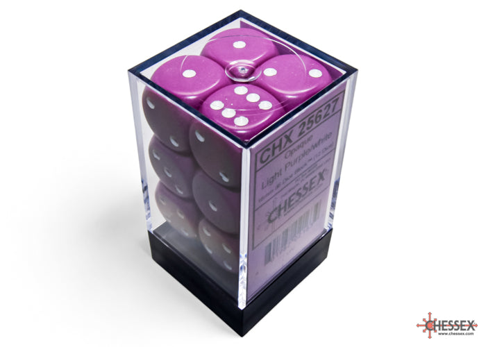 Chessex CHX25627 Opaque 16mm Light Purple/white D6 12-Dice display