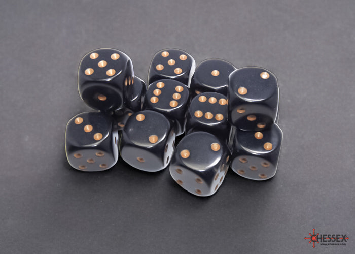 Chessex CHX25628 Opaque 16mm Black/gold D6 12-Dice display