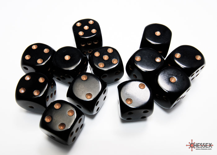 Chessex CHX25628 Opaque 16mm Black/gold D6 12-Dice display