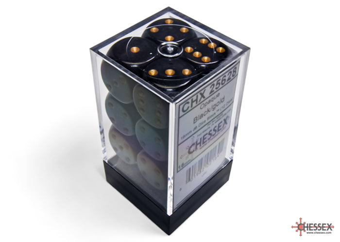 Chessex CHX25628 Opaque 16mm Black/gold D6 12-Dice display