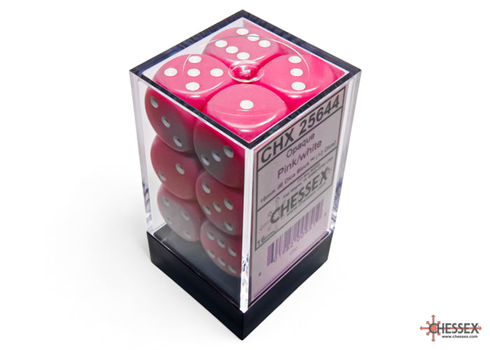 Chessex CHX25644 Opaque 16mm Pink/white D6 12-Dice display