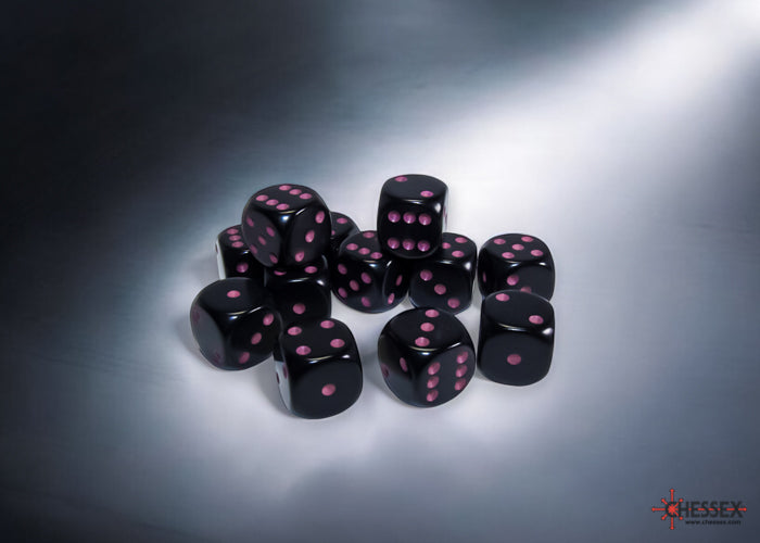 Chessex CHX25648 Opaque 16mm Black/pink D6 12-Dice display