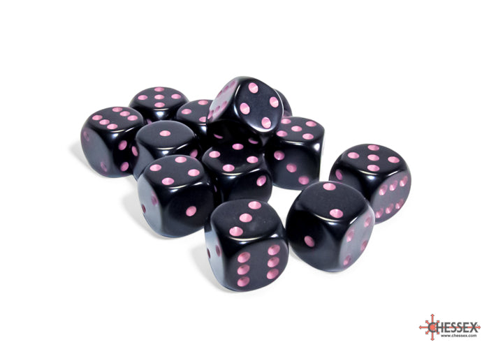 Chessex CHX25648 Opaque 16mm Black/pink D6 12-Dice display