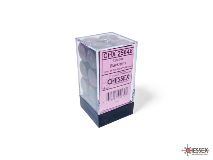 Chessex CHX25648 Opaque 16mm Black/pink D6 12-Dice display