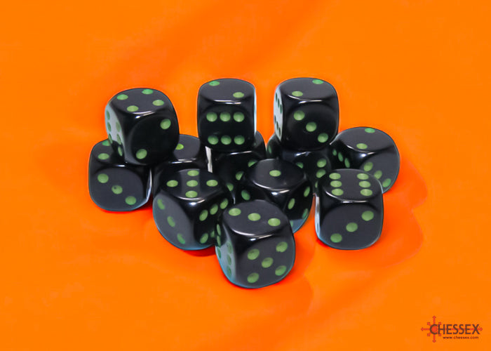Chessex CHX25658 Opaque 16mm Black/green D6 12-Dice display