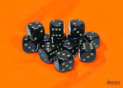 Chessex CHX25658 Opaque 16mm Black/green D6 12-Dice display