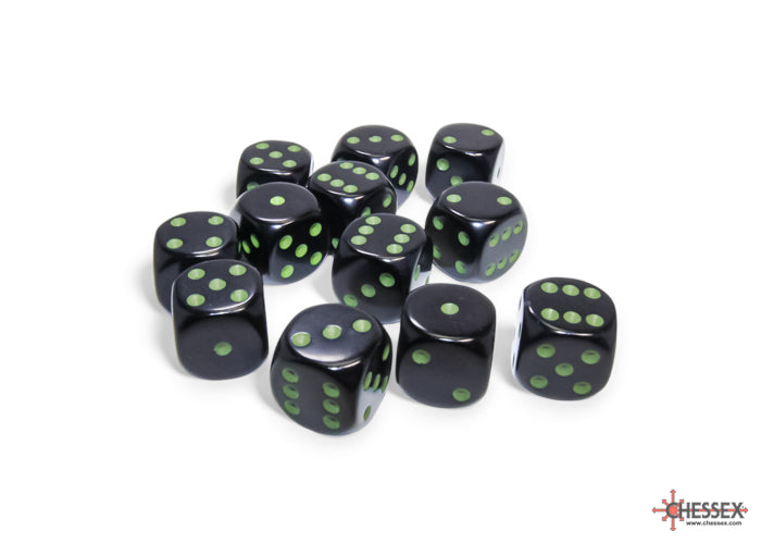 Chessex CHX25658 Opaque 16mm Black/green D6 12-Dice display