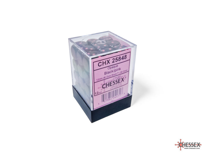 Chessex CHX25848 Opaque 12mm Black/pink D6 36-Dice display