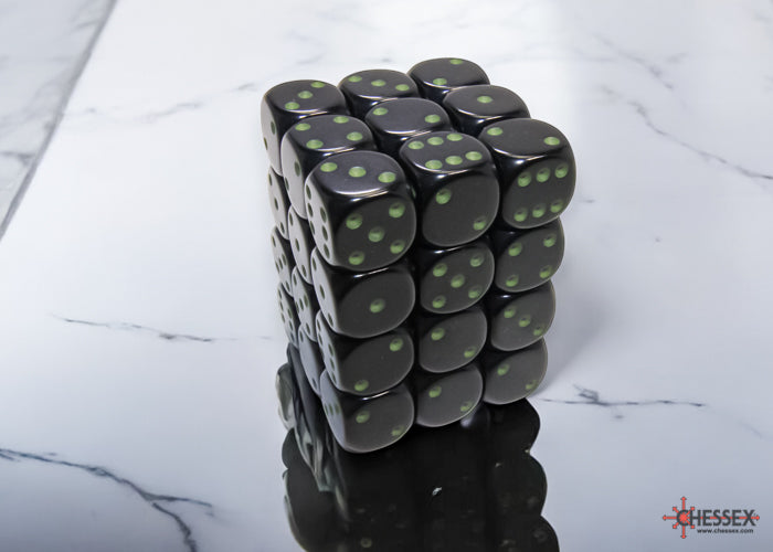 Chessex CHX25858 Opaque 12mm Black/green D6 36-Dice display