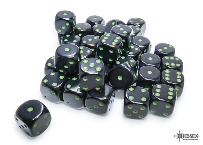 Chessex CHX25858 Opaque 12mm Black/green D6 36-Dice display