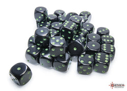 Chessex CHX25858 Opaque 12mm Black/green D6 36-Dice display