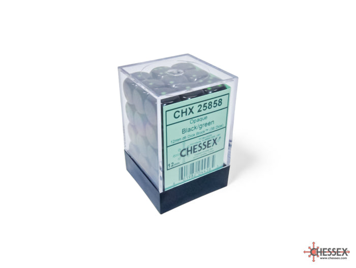 Chessex CHX25858 Opaque 12mm Black/green D6 36-Dice display
