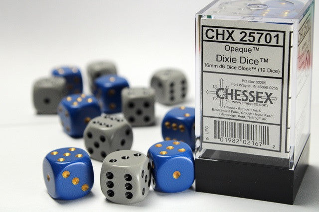 Chessex CHX25701 Opaque 16mm Dixie Dice 6x Blue/gold, 6x Dark Grey/black D6 12-Dice display