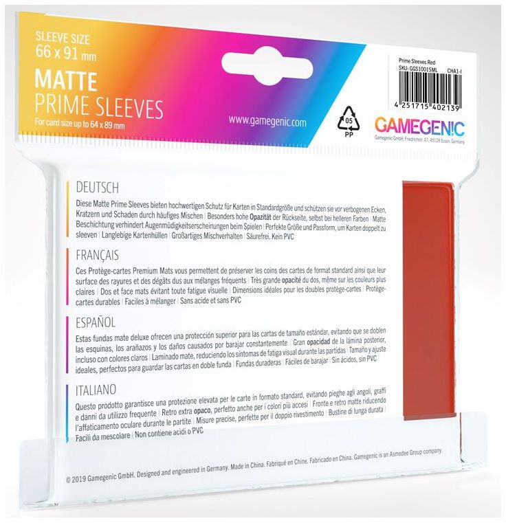 Gamegenic: Standard Size Sleeves 100ct - Matte Prime Red 66 x 91 mm