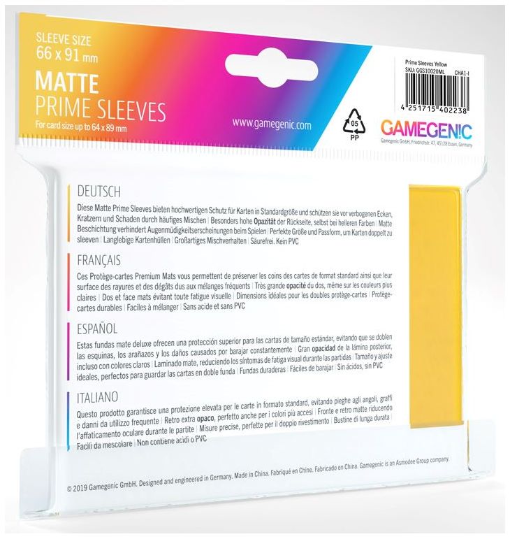 Gamegenic: Standard Size Sleeves 100ct - Matte Prime Yellow 66 x 91 mm